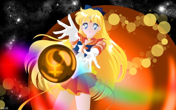 Anime picture 1920x1200 with bishoujo senshi sailor moon toei animation aino minako sailor venus single long hair highres blue eyes blonde hair wide image girl gloves bow hair bow sailor suit sign