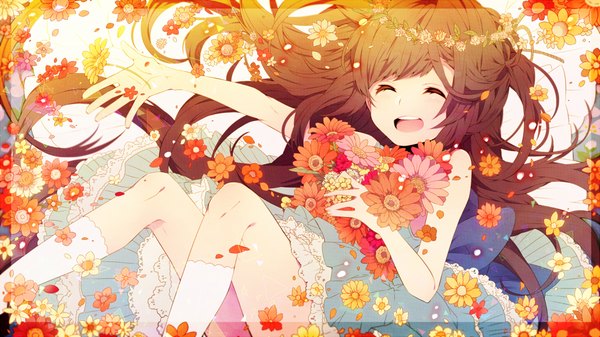 Anime-Bild 1000x562 mit vocaloid vy1 (mizki) youchi-0003 single long hair open mouth smile brown hair wide image eyes closed outstretched arm framed girl dress flower (flowers) socks white socks blue dress wreath