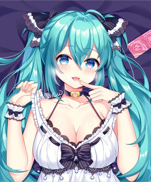 Anime picture 833x1002 with vocaloid hatsune miku chuor (chuochuoi) single long hair tall image looking at viewer blush fringe breasts open mouth blue eyes light erotic smile hair between eyes large breasts twintails cleavage upper body ahoge