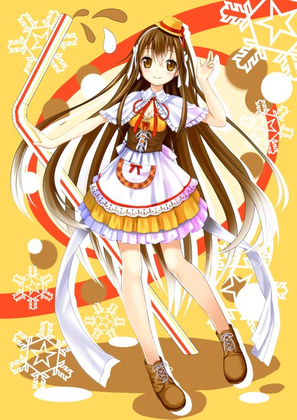 Anime picture 1240x1754 with yukijirushi yukiko-tan setona (daice) single long hair tall image looking at viewer brown hair brown eyes girl dress hat shoes frills star (symbol) snowflake (snowflakes)