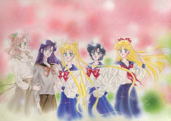 Anime picture 1388x980 with bishoujo senshi sailor moon toei animation tsukino usagi aino minako kino makoto mizuno ami hino rei long hair short hair blue eyes black hair blonde hair brown hair twintails multiple girls green eyes purple hair group girl serafuku