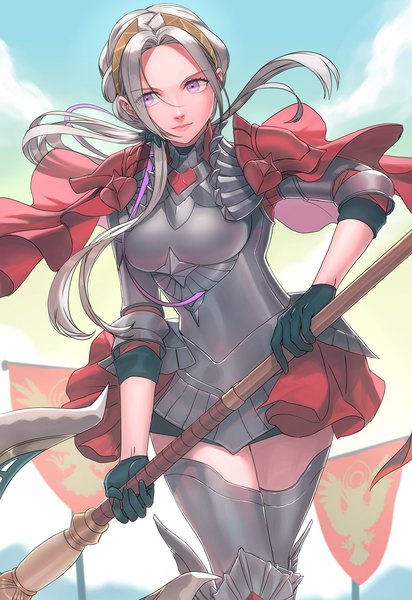 Anime picture 1000x1457 with fire emblem fire emblem: three houses fire emblem warriors: three hopes nintendo edelgard von hresvelg radiostarkiller single long hair tall image looking at viewer standing holding sky cloud (clouds) light smile girl gloves weapon black gloves cape