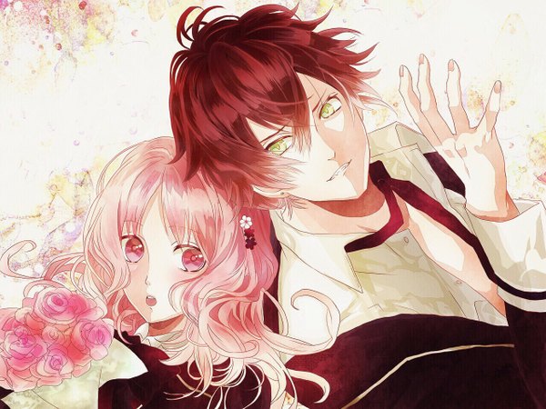 Anime picture 1280x960 with diabolik lovers idea factory sakamaki ayato komori yui kana (artist) long hair blush short hair open mouth simple background blonde hair green eyes looking away pink hair nail polish multicolored hair fingernails from above open clothes teeth