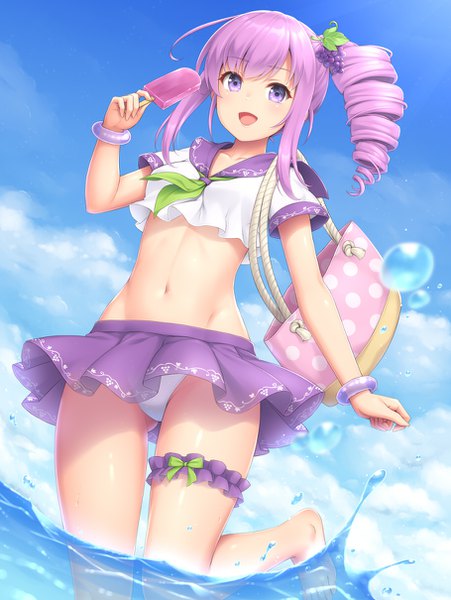 Anime picture 910x1210 with original sasaame single long hair tall image looking at viewer blush fringe open mouth light erotic smile standing purple eyes holding payot sky purple hair cloud (clouds) outdoors :d