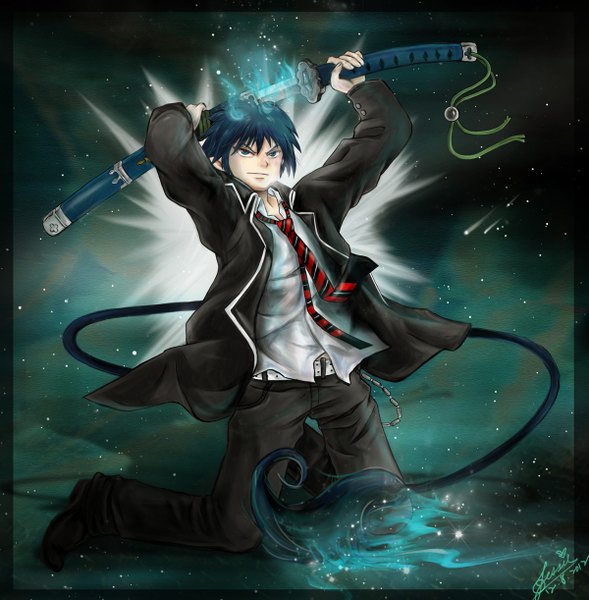 Anime picture 1200x1222 with ao no exorcist a-1 pictures okumura rin tall image short hair blue eyes black hair smile tail glowing boy uniform weapon school uniform shirt sword necktie katana suit