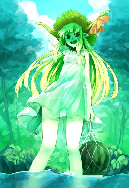 Anime picture 800x1162 with touhou ibuki suika nishiuri (artist) single long hair tall image looking at viewer fringe open mouth light erotic blonde hair bare shoulders brown eyes horn (horns) pointy ears from below girl dress bow plant (plants)