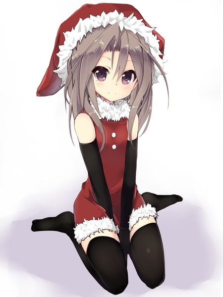 Anime picture 1536x2048 with kantai collection zuihou light aircraft carrier amano kouki single long hair tall image looking at viewer simple background smile white background sitting purple eyes bare shoulders purple hair alternate costume fur trim wariza christmas girl thighhighs