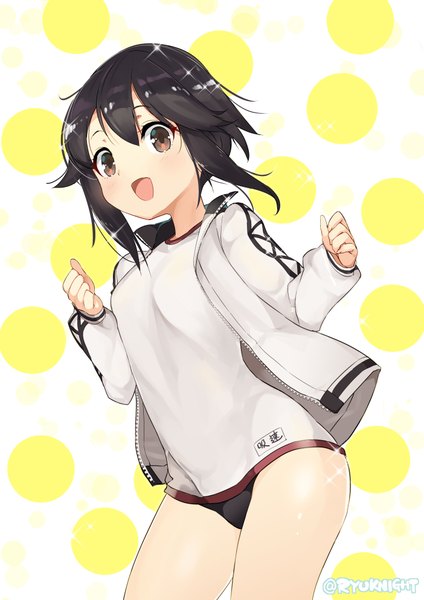 Anime picture 1403x1984 with kantai collection hayasui fleet oiler ryu naitou single tall image looking at viewer blush fringe short hair breasts open mouth light erotic black hair smile hair between eyes standing brown eyes ahoge :d open jacket