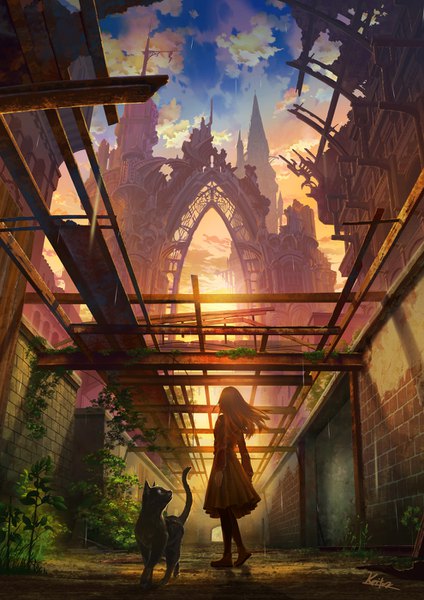 Anime picture 990x1400 with original kaitan single long hair tall image brown hair standing signed sky cloud (clouds) from behind sunlight from below floating hair evening sunset rain architecture destruction brick wall