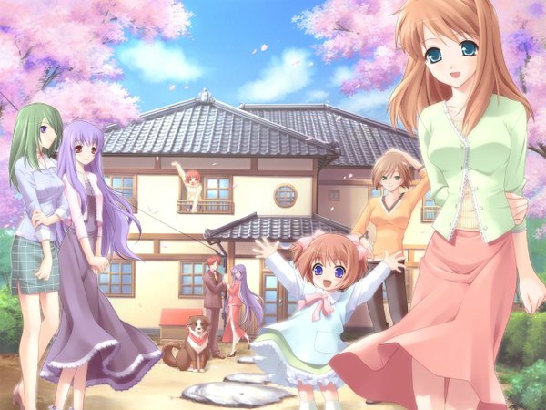 Anime picture 1280x960 with komorebi no namikimichi ayase shion nakazato sakura nakazato mirai yukizakura momiji masaki kaede yukizakura himeno yukizakura ibuki nakazato kouichi yuuki mitsuru long hair looking at viewer breasts smile brown hair standing purple eyes twintails multiple girls sky