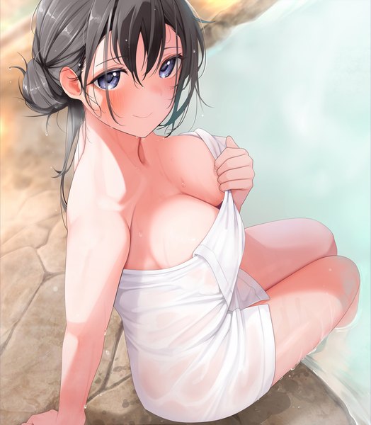 Anime picture 1090x1248 with original giba (out-low) single long hair tall image looking at viewer blush fringe breasts blue eyes light erotic black hair smile hair between eyes large breasts sitting arm support wet hair bun (hair buns) turning head