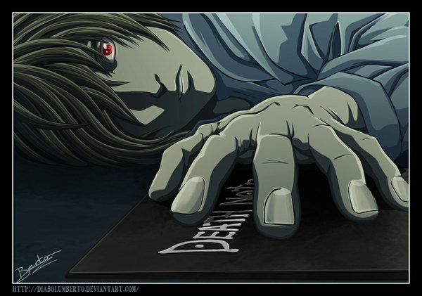 Anime picture 1100x773 with death note madhouse yagami light diabolumberto single fringe short hair red eyes brown hair lying hair over one eye coloring boy shirt
