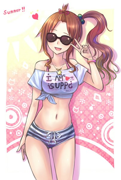 Anime picture 743x1100 with original xia you qing suikakitsu shiro single long hair tall image blush open mouth light erotic brown hair ponytail side ponytail girl navel shorts bracelet sunglasses