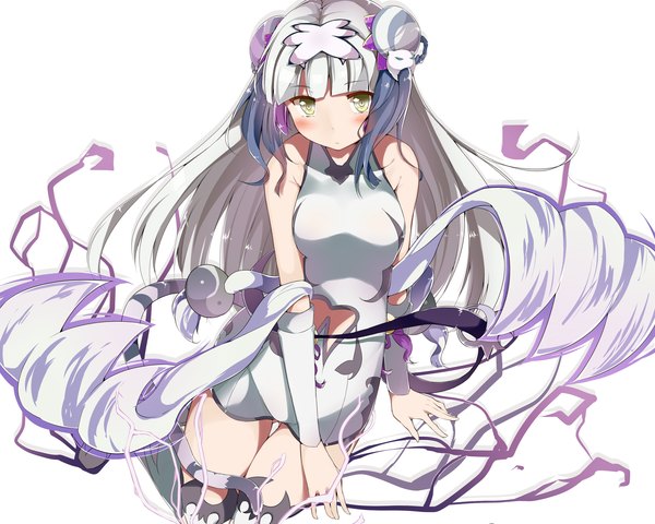 Anime picture 2950x2360 with puzzle & dragons haku (p&d) kayano single long hair looking at viewer blush highres light erotic simple background white background yellow eyes white hair tail animal tail tiger tail goddess girl