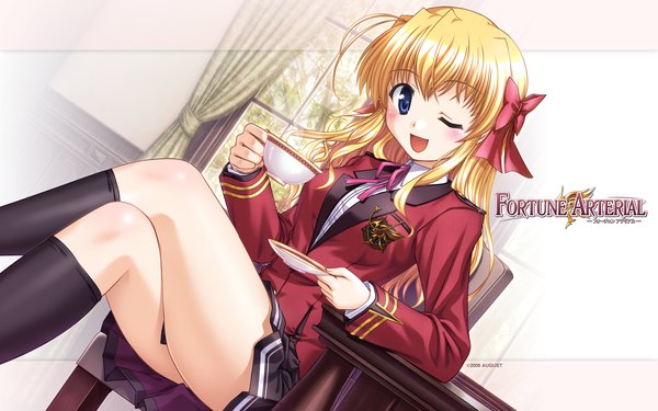 Anime picture 1920x1200 with fortune arterial august soft sendou erika bekkankou single long hair looking at viewer blush fringe highres open mouth blue eyes blonde hair wide image sitting holding game cg one eye closed copyright name crossed legs
