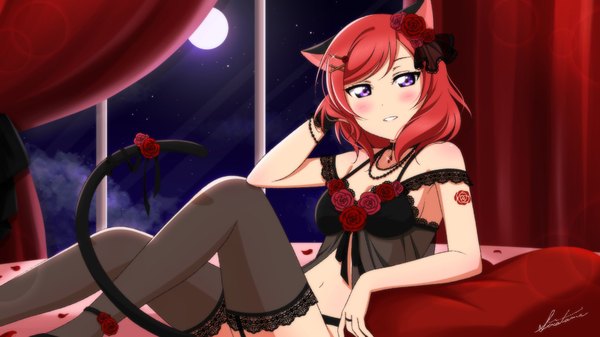 Anime picture 1920x1080 with love live! school idol project sunrise (studio) love live! nishikino maki shiratama (siratama ll) single looking at viewer blush fringe highres short hair light erotic wide image purple eyes bare shoulders signed animal ears looking away bent knee (knees) red hair