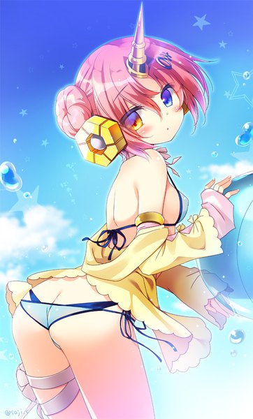 Anime picture 600x993 with fate (series) fate/grand order frankenstein's monster (fate) frankenstein's monster (swimsuit saber) (fate) sasai saji single tall image looking at viewer blush fringe short hair breasts blue eyes light erotic hair between eyes bare shoulders signed yellow eyes pink hair sky