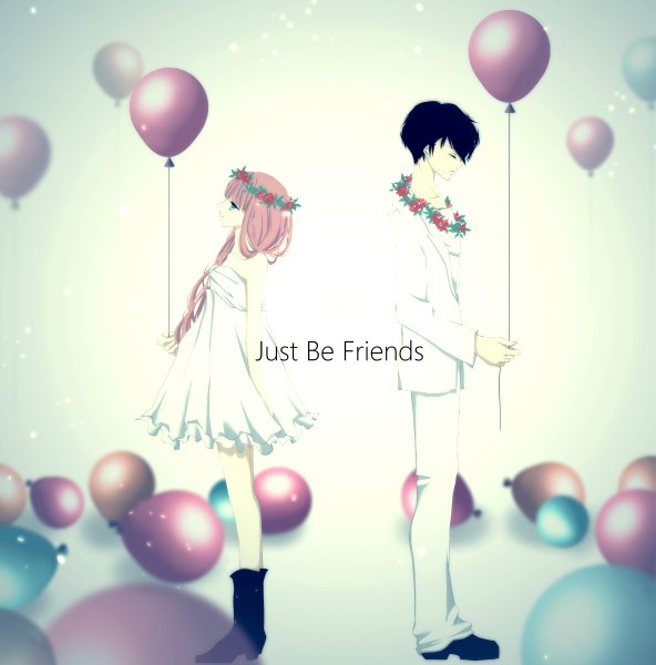 Anime picture 1184x1200 with vocaloid just be friends (vocaloid) megurine luka aonoe long hair tall image short hair blue eyes black hair standing pink hair eyes closed hair flower couple looking up girl dress boy hair ornament flower (flowers)