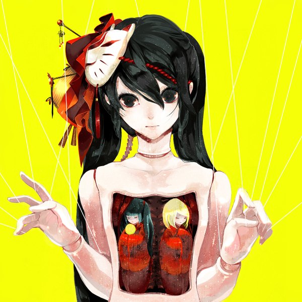 Anime picture 1280x1280 with vocaloid musunde hiraite rasetsu to mukuro (vocaloid) hatsune miku kaninnvven single long hair black hair simple background black eyes yellow background doll joints girl doll (dolls) thread fox mask