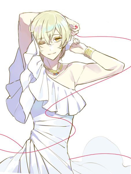 Anime picture 2427x3212 with pretty rhythm king of prism by prettyrhythm pretty (series) kisaragi louis poti single tall image looking at viewer fringe highres short hair simple background blonde hair hair between eyes white background yellow eyes one eye closed arm behind head androgynous crossdress