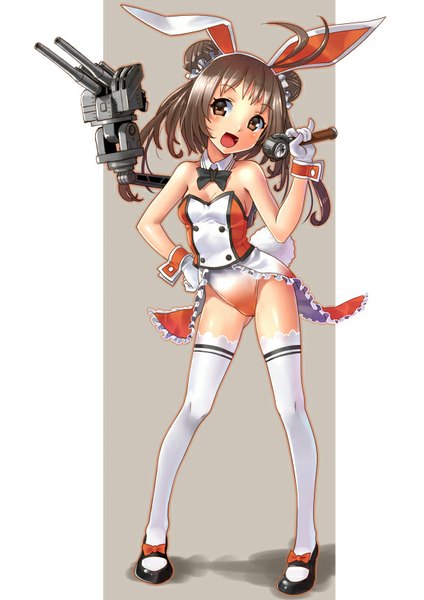 Anime picture 566x800 with kantai collection naka light cruiser katahira masashi single long hair tall image looking at viewer open mouth light erotic simple background brown hair standing holding animal ears tail animal tail hair bun (hair buns) high heels bunny ears hand on hip
