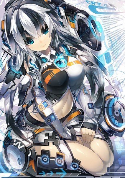 Anime picture 1060x1500 with original mamuru single long hair tall image breasts blue eyes smile large breasts multicolored hair two-tone hair text glowing looking down girl weapon digital media player