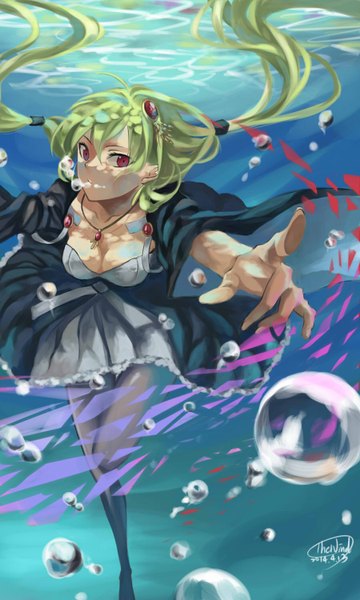 Anime picture 900x1500 with original thewind single long hair tall image fringe red eyes twintails signed looking away cleavage green hair underwater girl dress hair ornament pantyhose pendant bubble (bubbles)