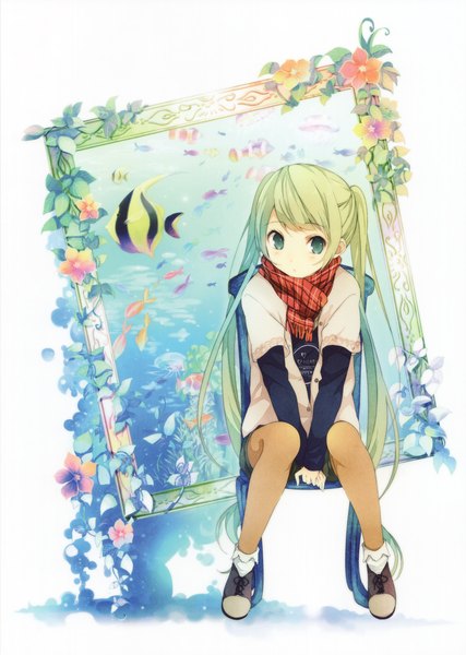 Anime picture 2908x4086 with vocaloid hatsune miku ousaka nozomi single tall image looking at viewer highres twintails very long hair aqua eyes scan aqua hair girl flower (flowers) animal petals boots scarf fish (fishes) picture frame