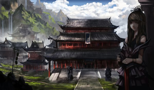 Anime picture 2000x1165 with original baka (mh6516620) single long hair highres black hair wide image bare shoulders sky cloud (clouds) black eyes mountain girl dress hair ornament castle
