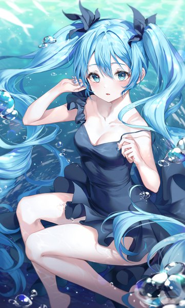 Anime picture 1800x2988 with vocaloid shinkai shoujo (vocaloid) hatsune miku r o ha single long hair tall image looking at viewer blush fringe highres breasts open mouth hair between eyes twintails payot cleavage bent knee (knees) nail polish aqua eyes