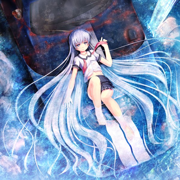 Anime picture 1200x1200 with original aruciii single looking at viewer blush fringe purple eyes blue hair purple hair bent knee (knees) lying very long hair pleated skirt multicolored hair barefoot from above bare legs no shoes partially submerged gradient hair