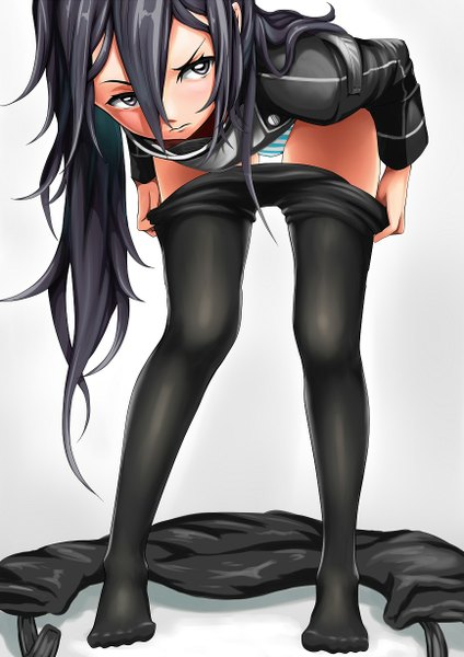 Anime picture 868x1228 with sword art online a-1 pictures kirigaya kazuto murasaki jazi single long hair tall image light erotic black hair simple background standing brown eyes looking away grey background leaning no shoes leaning forward pantyhose pull boy underwear