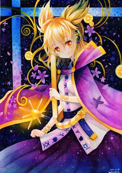 Anime picture 1062x1500 with touhou toyosatomimi no miko mosho single tall image looking at viewer short hair blonde hair smile signed orange eyes traditional media watercolor (medium) girl flower (flowers) petals headphones