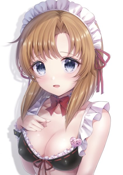 Anime picture 1124x1602 with higurashi no naku koro ni studio deen ryuuguu rena uni (1018ouo) single tall image looking at viewer blush fringe short hair breasts open mouth blue eyes light erotic simple background brown hair large breasts white background cleavage hand on chest