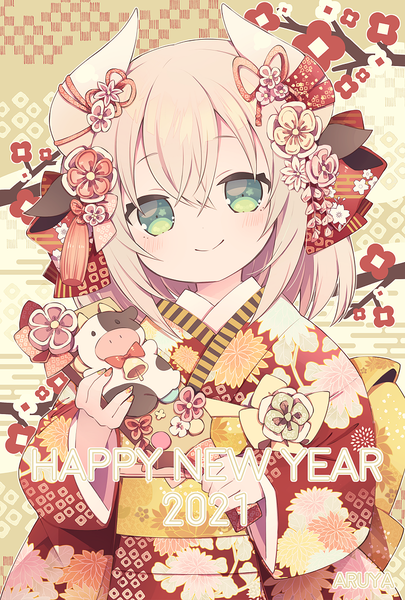 Anime picture 787x1165 with original aruya (flosrota) single tall image looking at viewer fringe short hair blonde hair smile hair between eyes green eyes upper body traditional clothes head tilt japanese clothes horn (horns) new year happy new year 2021 girl