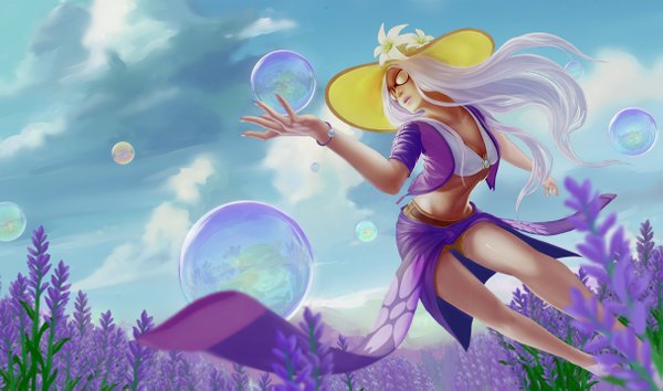 Anime picture 1215x717 with league of legends syndra aihane sumina single long hair wide image blue hair looking away sky cloud (clouds) outdoors white hair lips bare belly legs floating hair outstretched arm girl flower (flowers) hat