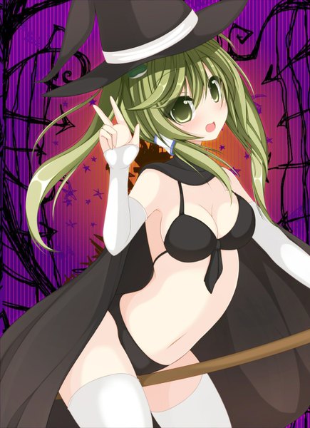 Anime picture 1090x1502 with touhou kochiya sanae chimunge long hair tall image blush open mouth light erotic green eyes green hair halloween girl thighhighs navel swimsuit bikini white thighhighs black bikini witch hat hair tubes