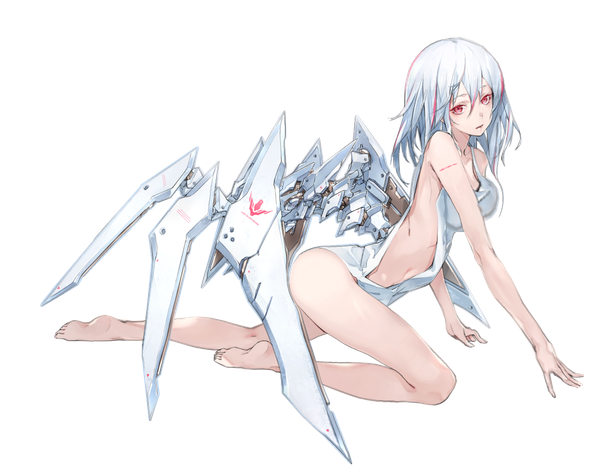 Anime picture 1263x1000 with original yucca-612 (neco) single long hair looking at viewer fringe breasts open mouth light erotic hair between eyes large breasts bare shoulders silver hair full body bent knee (knees) pink eyes barefoot bare belly bare legs kneeling