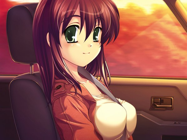 Anime picture 1181x886 with breasts light erotic smile large breasts green eyes red hair between breasts car interior ground vehicle car seatbelt