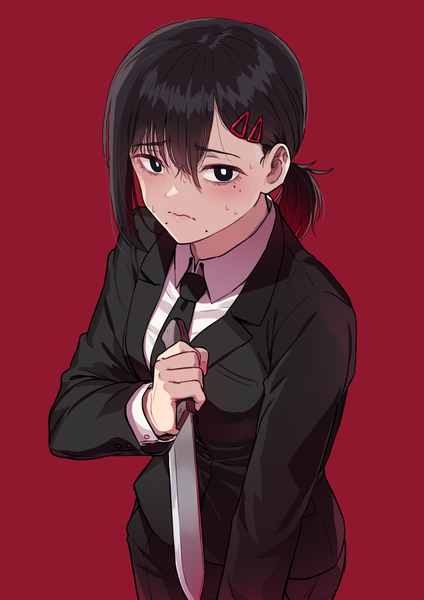 Anime picture 800x1131 with chainsaw man mappa higashiyama kobeni kamille (vcx68) single tall image looking at viewer blush fringe short hair black hair simple background hair between eyes standing holding from above mole sweat mole under eye low ponytail