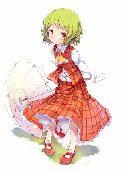Anime picture 1100x1486 with touhou kazami yuuka flan (harry mackenzie) single tall image blush fringe short hair simple background smile red eyes white background looking away green hair from above wavy hair hands behind back girl skirt umbrella