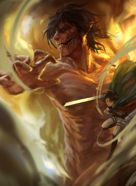 Anime picture 1327x1820 with shingeki no kyojin production i.g eren yaeger levi (rivaille) rogue titan titan (shingeki no kyojin) hangleing tall image short hair black hair brown hair holding green eyes pointy ears teeth topless smoke dual wielding battle giant