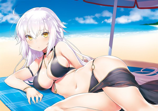 Anime picture 1697x1200 with fate (series) fate/grand order jeanne d'arc (fate) (all) jeanne d'arc alter (fate) 47agdragon single looking at viewer blush fringe breasts light erotic hair between eyes large breasts bare shoulders yellow eyes payot sky cleavage silver hair cloud (clouds)