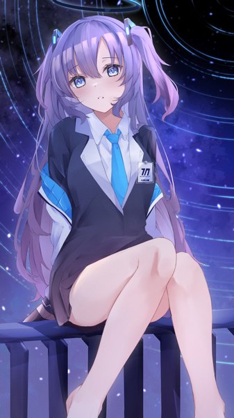Anime picture 1080x1920 with blue archive yuuka (blue archive) hojiro same single long hair tall image looking at viewer fringe blue eyes hair between eyes sitting purple hair bent knee (knees) outdoors parted lips off shoulder night two side up night sky girl