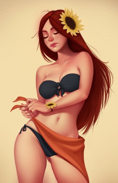 イラスト 3300x5100 と league of legends leona (league of legends) pool party leona tsuaii ソロ 長髪 長身像 highres light erotic simple background absurdres 赤髪 eyes closed hair flower fingernails lips realistic へそ出し lipstick pink lipstick