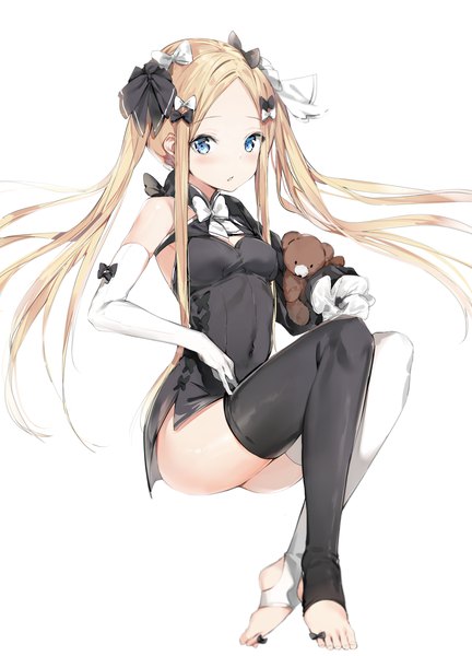 Anime picture 1800x2500 with fate (series) fate/grand order abigail williams (fate) silver (chenwen) single long hair tall image looking at viewer blush fringe highres breasts open mouth blue eyes light erotic blonde hair simple background white background twintails holding