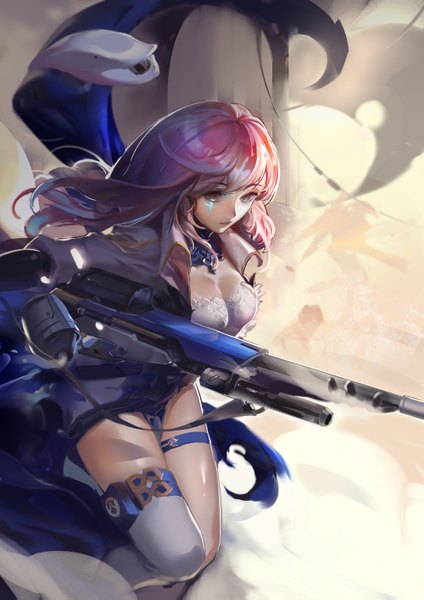 Anime picture 1000x1415 with overwatch blizzard entertainment ana (overwatch) rabbit (tukenitian) single long hair tall image fringe holding brown eyes looking away pink hair bent knee (knees) tattoo shiny skin smoke silhouette alternate age younger girl