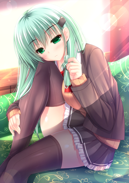 Anime picture 896x1265 with kantai collection suzuya heavy cruiser yunagi amane single long hair tall image looking at viewer blush fringe sitting green eyes green hair sunlight leaning sunbeam girl thighhighs skirt black thighhighs miniskirt