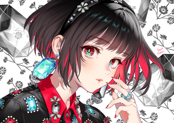 Anime picture 3000x2121 with original midori foo single looking at viewer blush fringe highres short hair black hair red eyes signed upper body red hair blunt bangs nail polish multicolored hair fingernails colored inner hair long fingernails eyeshadow