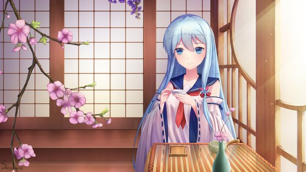 Anime picture 1200x675 with warship girls r shirayuki (warship girls r) snow (676528662) single long hair looking at viewer fringe hair between eyes wide image signed indoors traditional clothes japanese clothes aqua eyes sunlight aqua hair wide sleeves cherry blossoms sunbeam girl